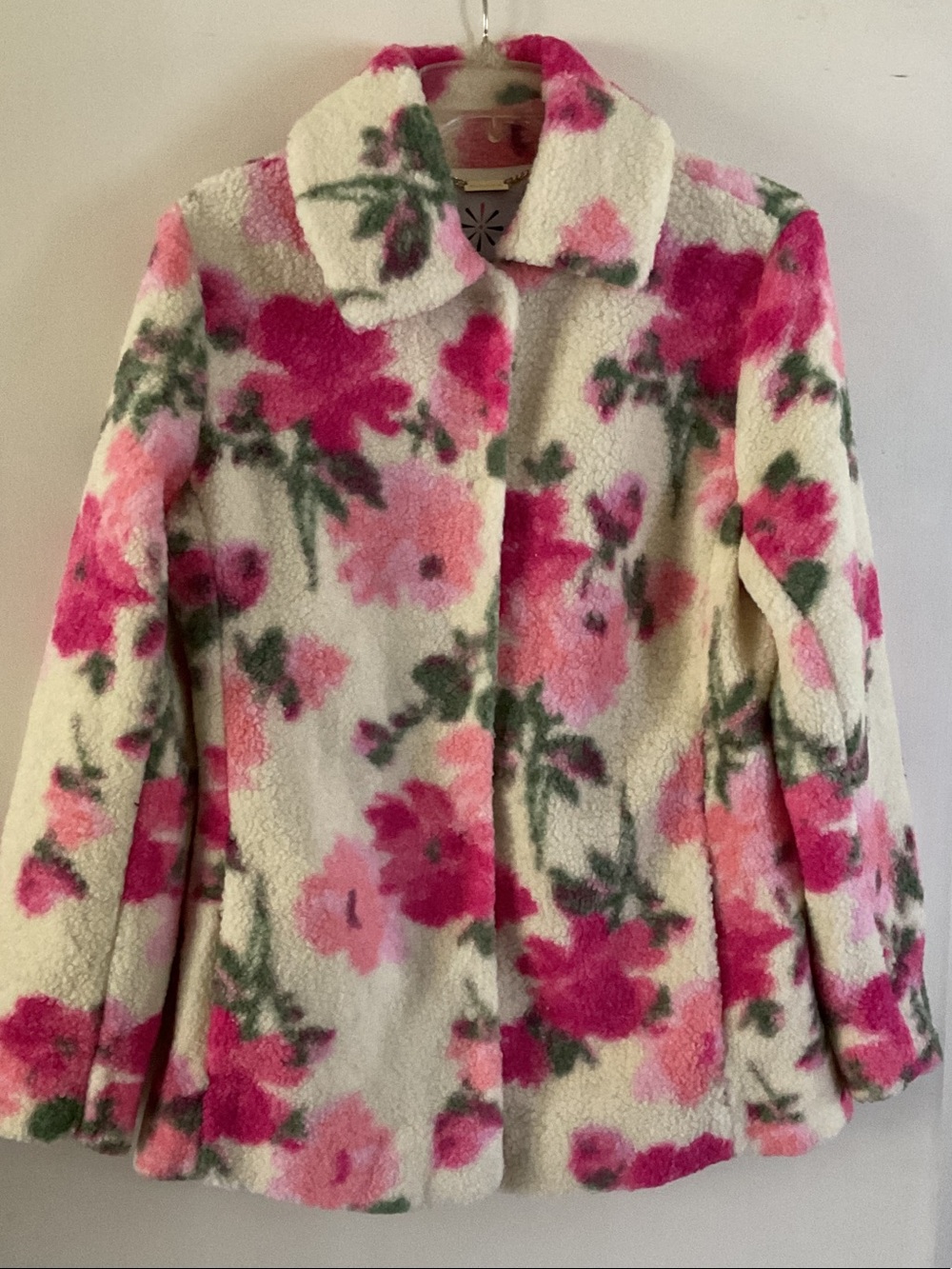 Isaac Mizrahi Cream Faux-Shearling Floral Coat with Pink & Green Print